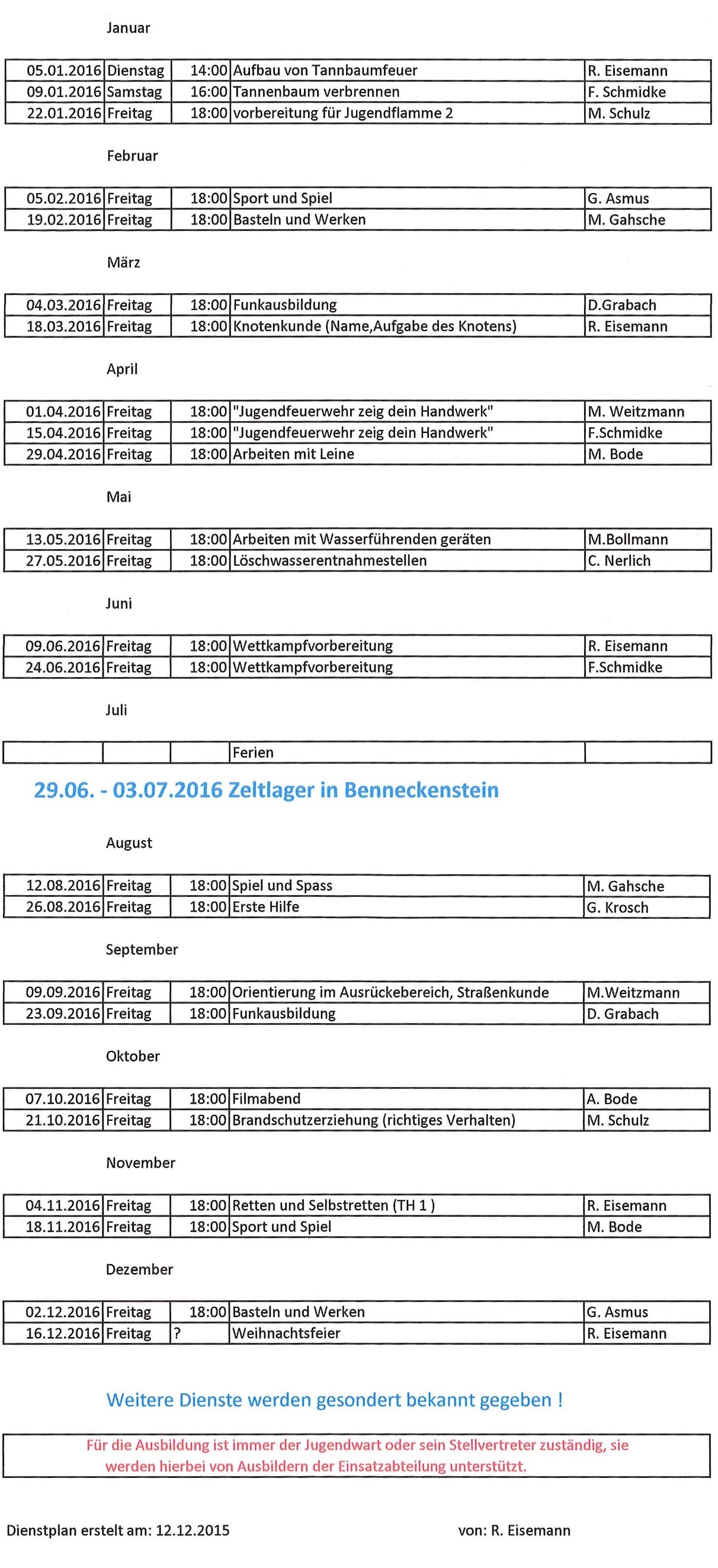 Dienstplan Jugendfeuerwehr Danstedt 2016