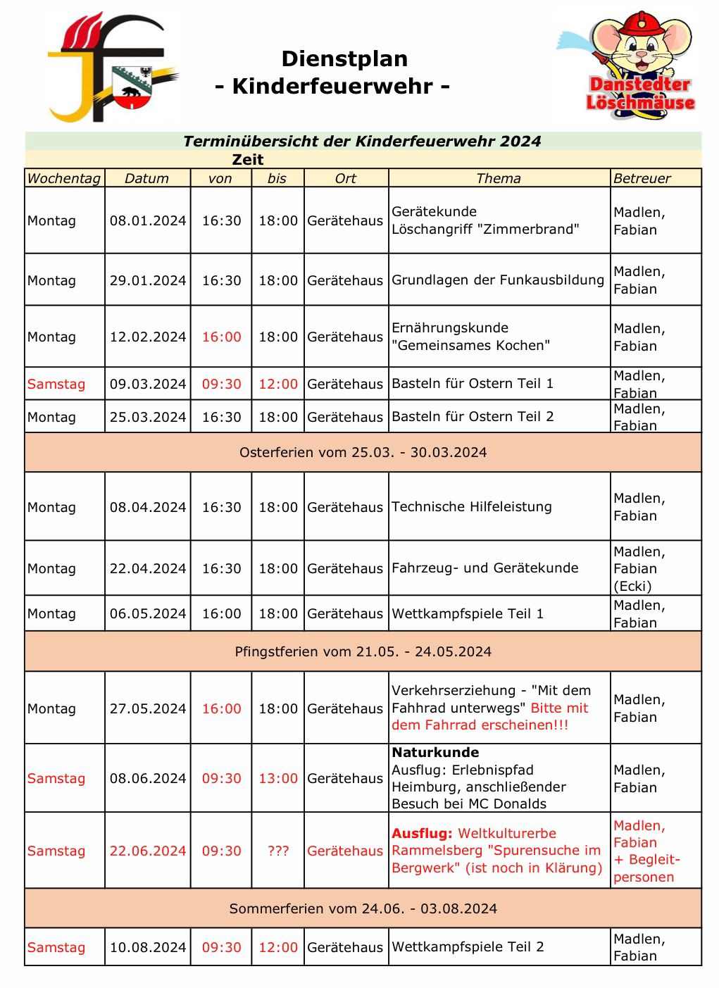 Dienstplan 2024 der Kinderfeuerwehr Danstedt