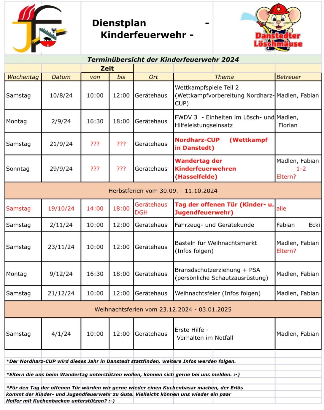 Dienstplan 2024 der Kinderfeuerwehr Danstedt